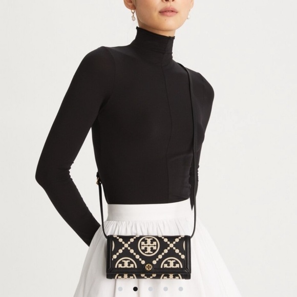 Tory Burch T Monogram Embossed Wallet Crossbody Bag Green Brown GeometricPattern - Picture 15 of 16